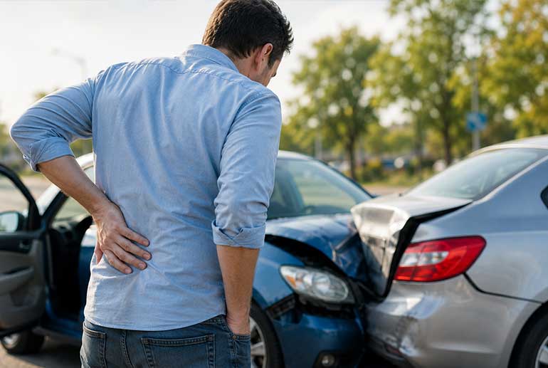 Man experiencing lower back pain after a car accident
