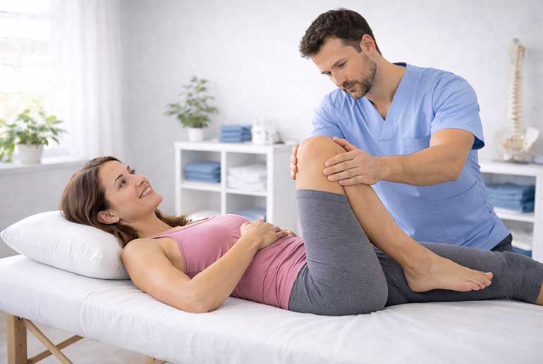 Physical therapy rehabilitation session in Kendall Miami FL with therapist assisting patient with knee mobility exercise