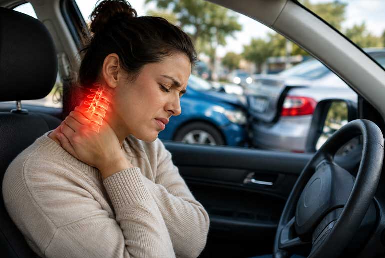 Woman experiencing neck pain from whiplash after a car accident