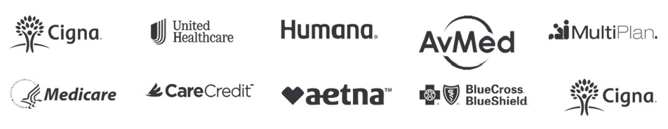 Insurance logos including Aetna, Cigna, Blue Cross Blue Shield, UnitedHealthcare, Humana, and others accepted at Fernandez Family Chiropractic Center